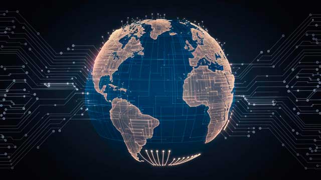 Globo terráqueo de circuitos electrónicos, mostrando cómo la IA conecta el conocimiento global y lo adapta a cada persona, resaltando la universalidad del aprendizaje.