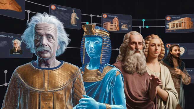Recreación con IA de figuras históricas como Einstein, Cleopatra, Platón, Hipatia y Da Vinci, acercando el pasado al presente para una experiencia educativa única.